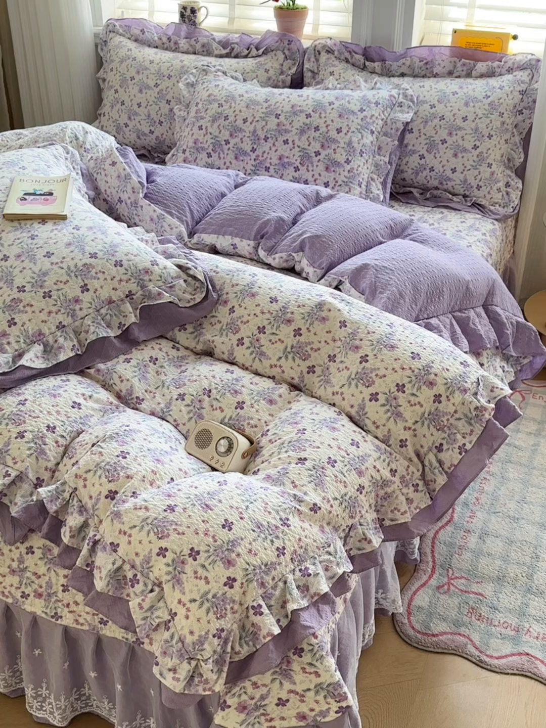 91家纺网 家纺一手货源 找家纺 （总）雅眠居 2026直播爆款泡芙双层纱蕾丝花边被套款床盖款四件套