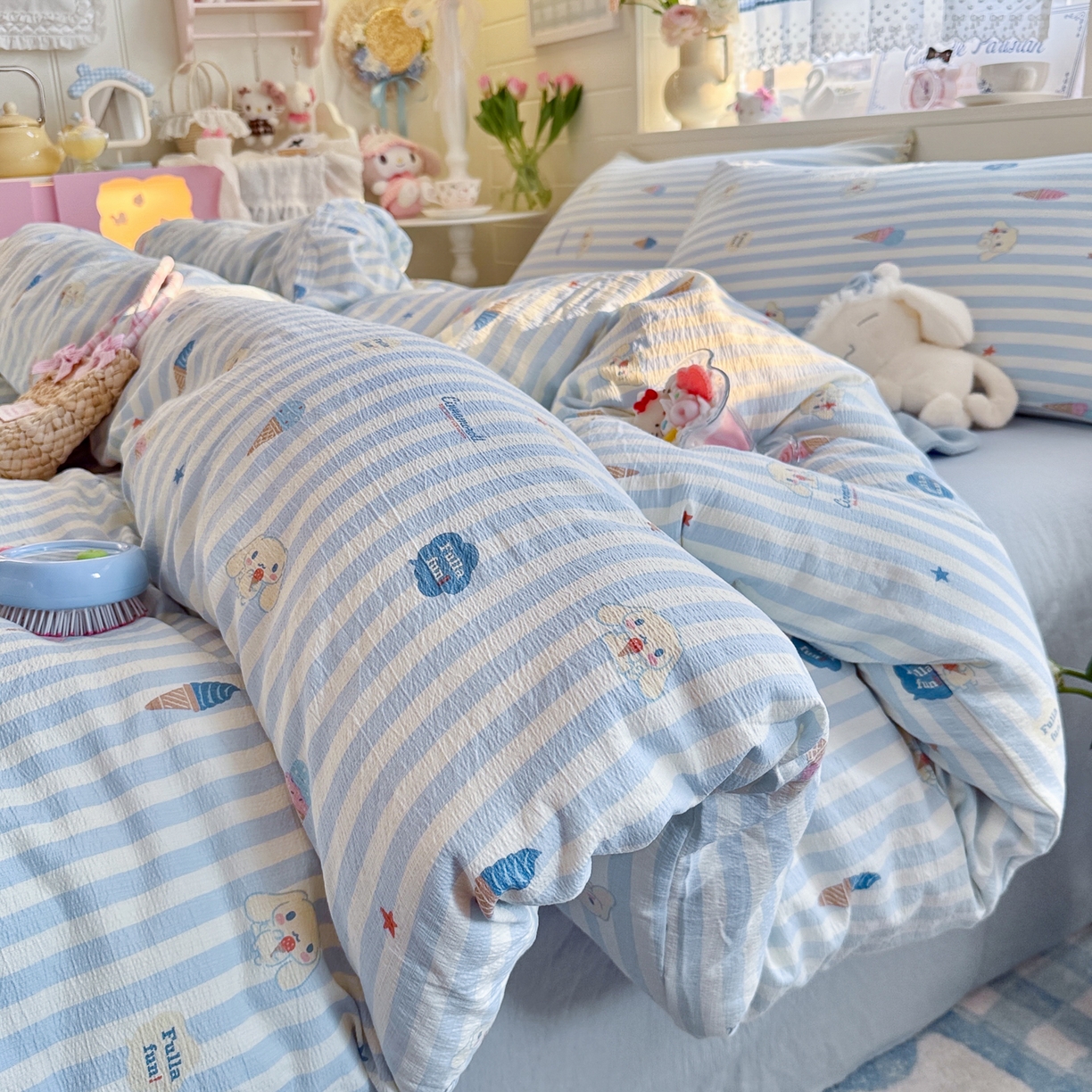 91家纺网 家纺一手货源 找家纺 初念 2026新款云感纱印花四件套 冰激凌派对