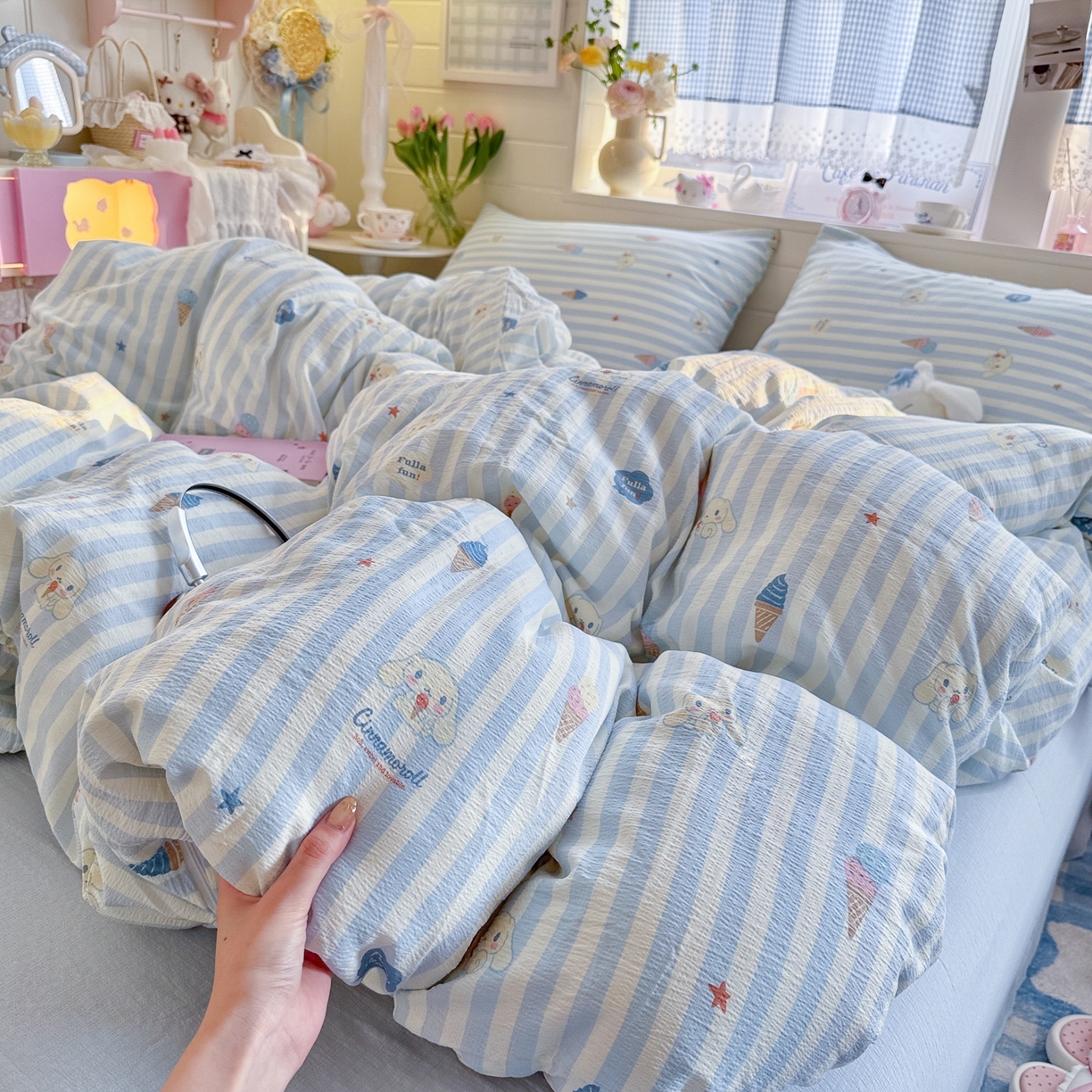 91家纺网 家纺一手货源 找家纺 初念 2026新款云感纱印花四件套 冰激凌派对