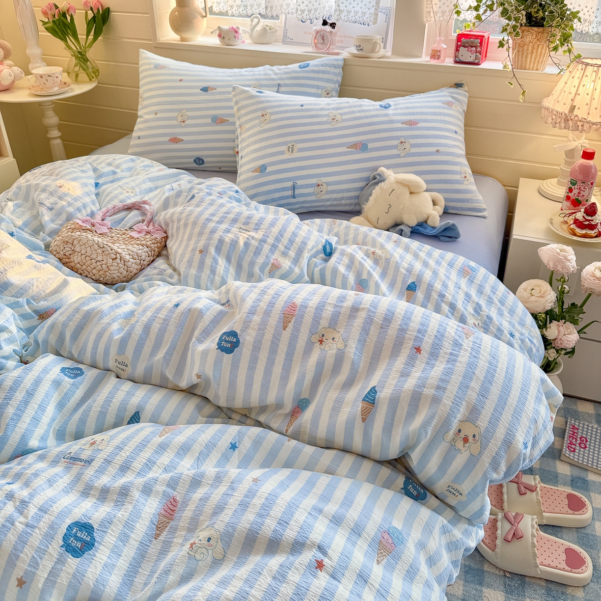 91家纺网 家纺一手货源 找家纺 初念 2026新款云感纱印花四件套 冰激凌派对