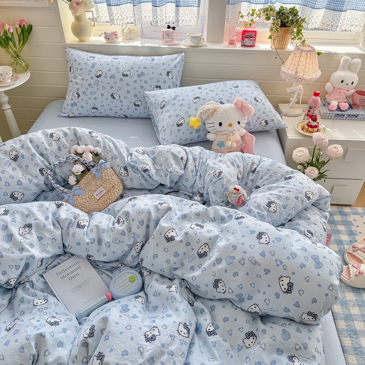 91家纺网 家纺一手货源 找家纺 初念 2026新款云感纱印花四件套 冰蓝凯蒂