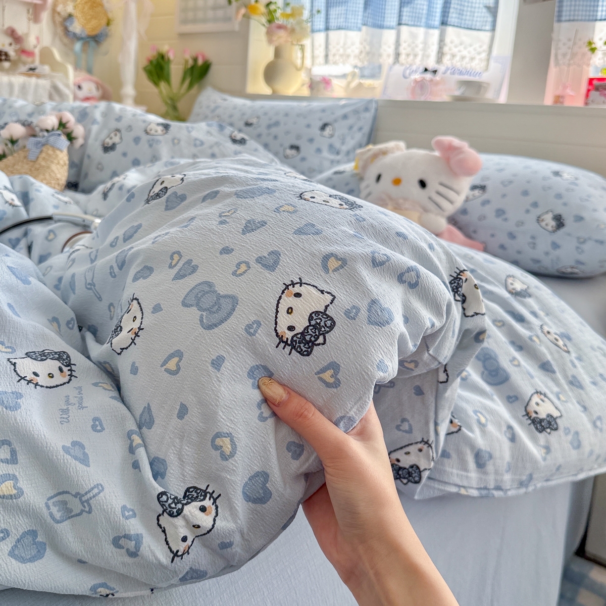 初念 2026新款云感纱印花四件套 冰蓝凯蒂