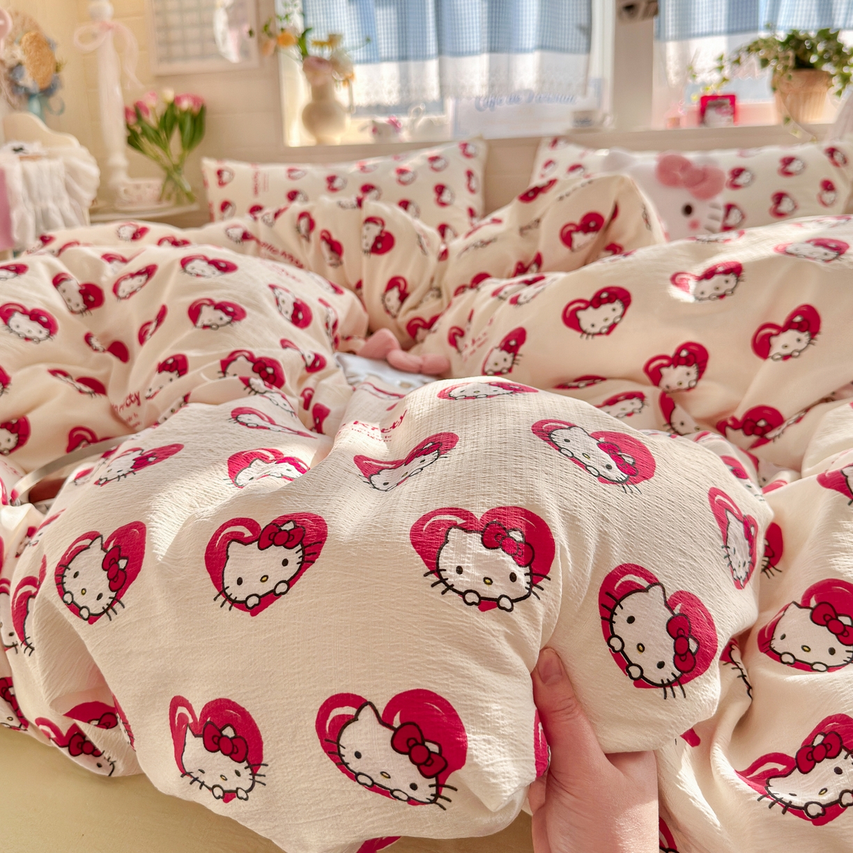 初念 2026新款云感纱印花四件套 红心凯蒂