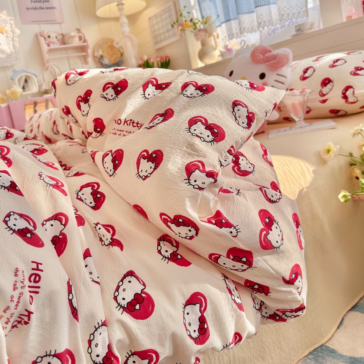 91家纺网 家纺一手货源 找家纺 初念 2026新款云感纱印花四件套 红心凯蒂