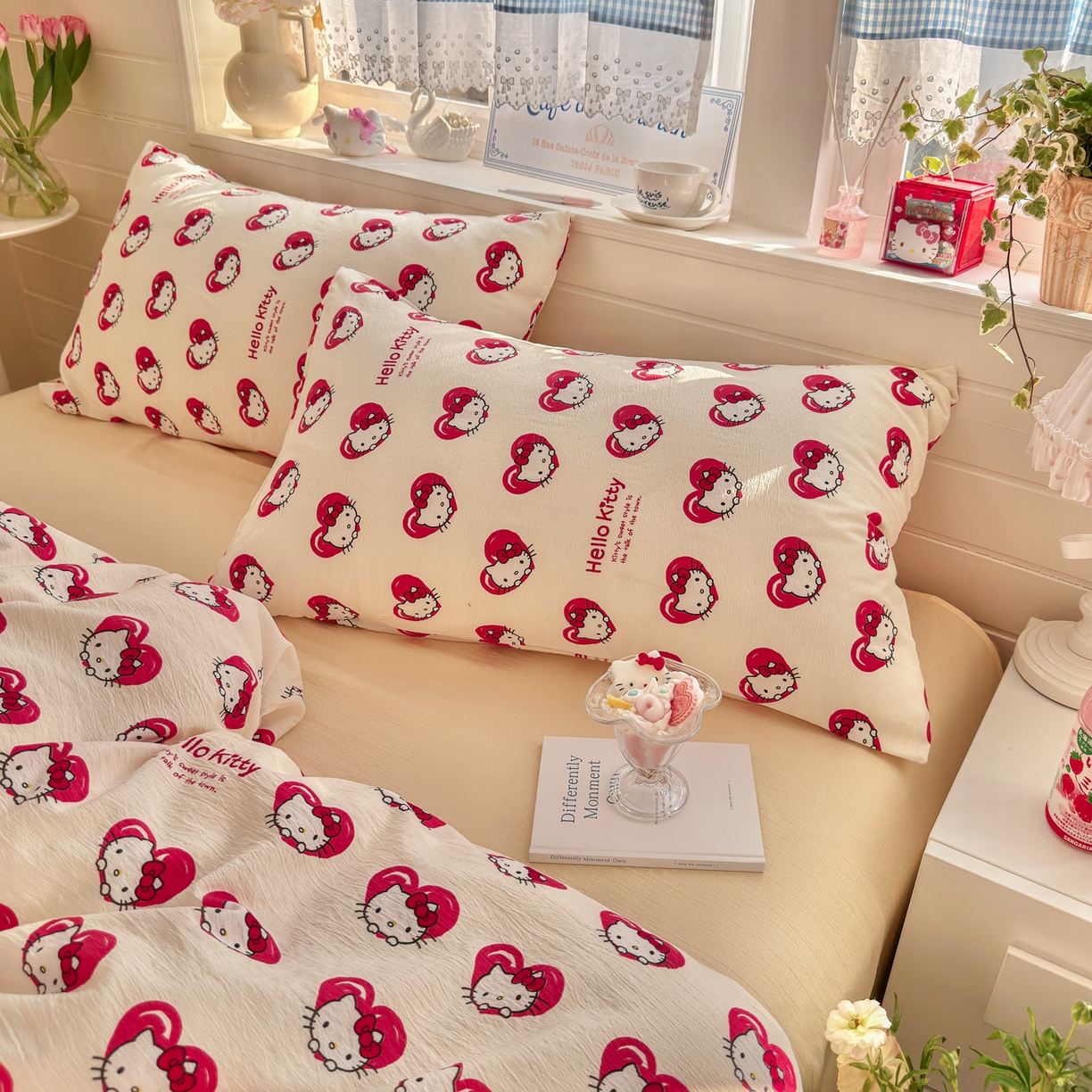 91家纺网 家纺一手货源 找家纺 初念 2026新款云感纱印花四件套 红心凯蒂