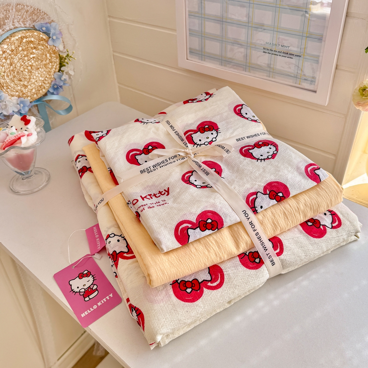 91家纺网 家纺一手货源 找家纺 初念 2026新款云感纱印花四件套 红心凯蒂