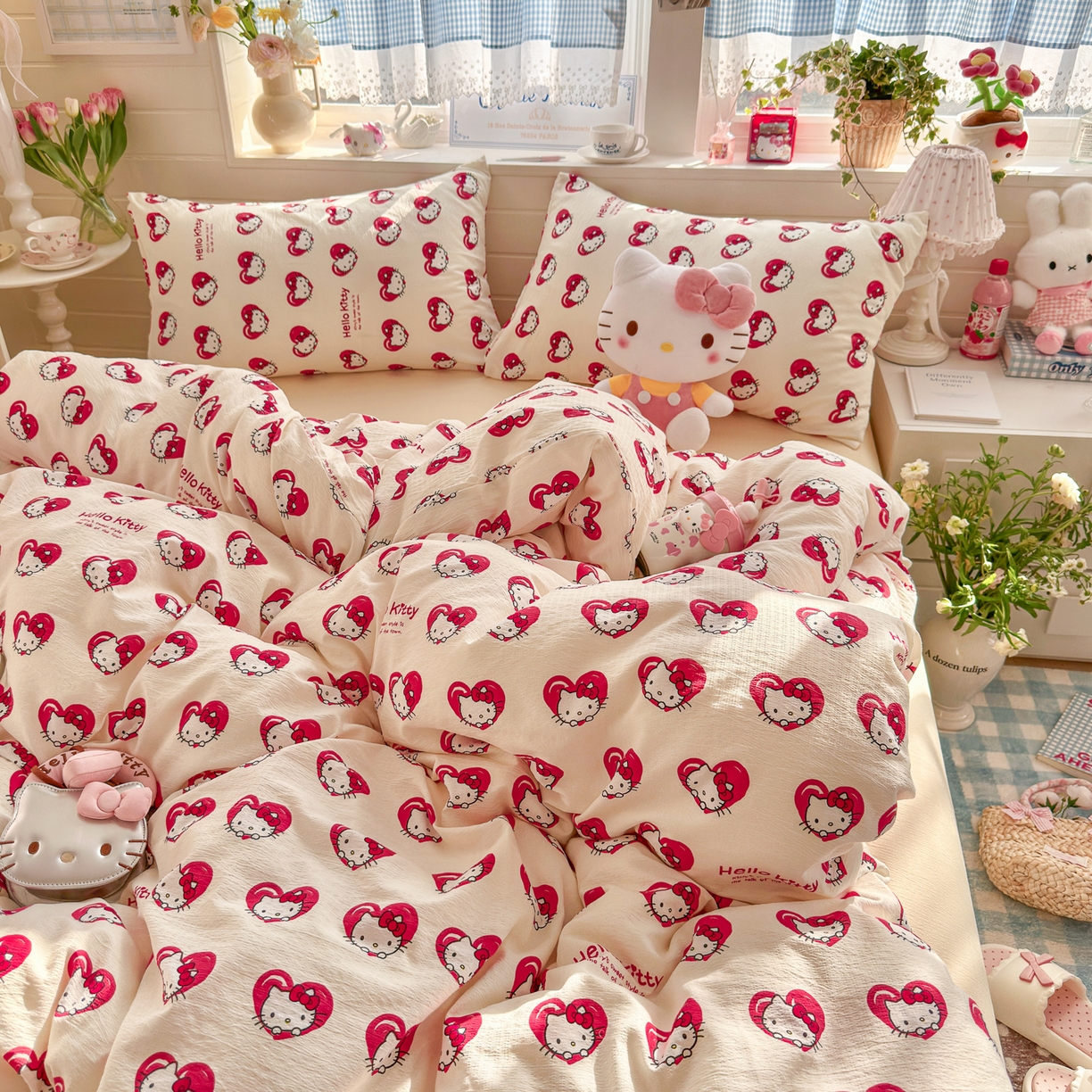 91家纺网 家纺一手货源 找家纺 初念 2026新款云感纱印花四件套 红心凯蒂