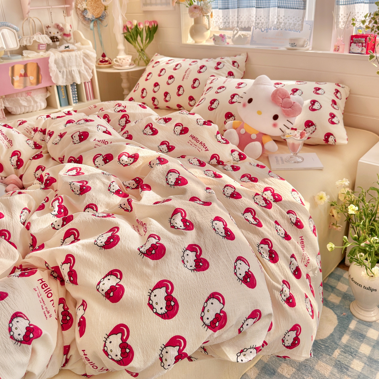 91家纺网 家纺一手货源 找家纺 初念 2026新款云感纱印花四件套 红心凯蒂