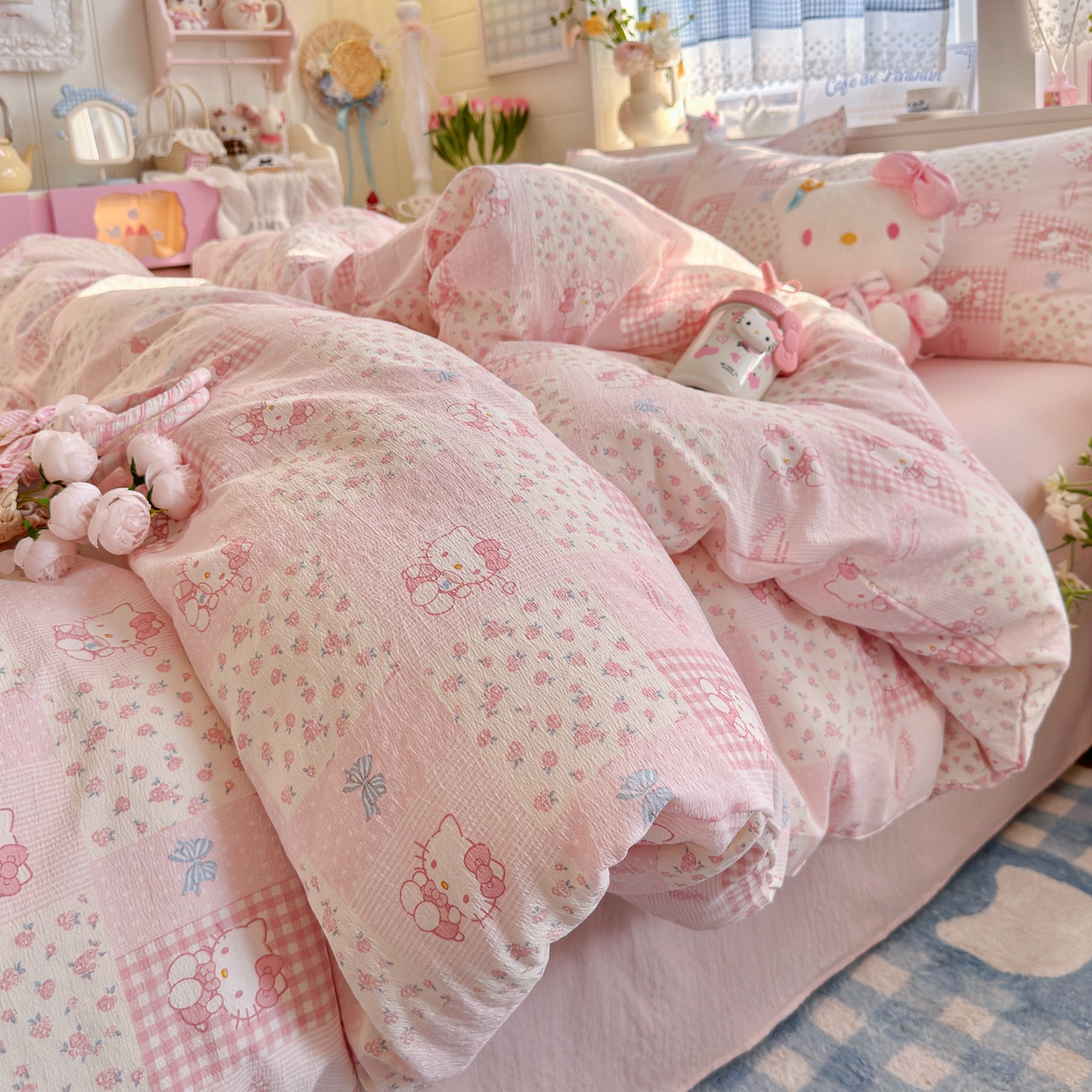 91家纺网 家纺一手货源 找家纺 初念 2026新款云感纱印花四件套 花间KT