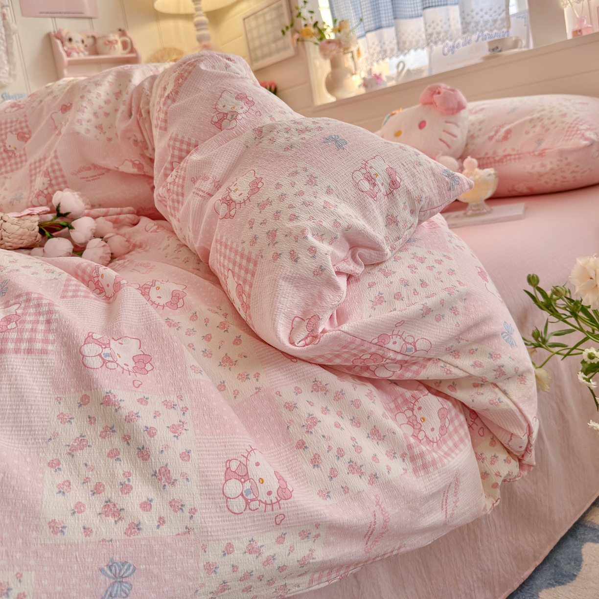 91家纺网 家纺一手货源 找家纺 初念 2026新款云感纱印花四件套 花间KT