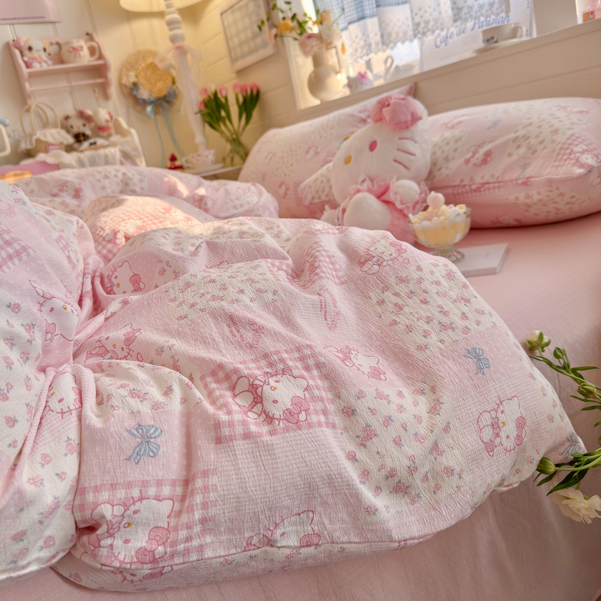 91家纺网 家纺一手货源 找家纺 初念 2026新款云感纱印花四件套 花间KT