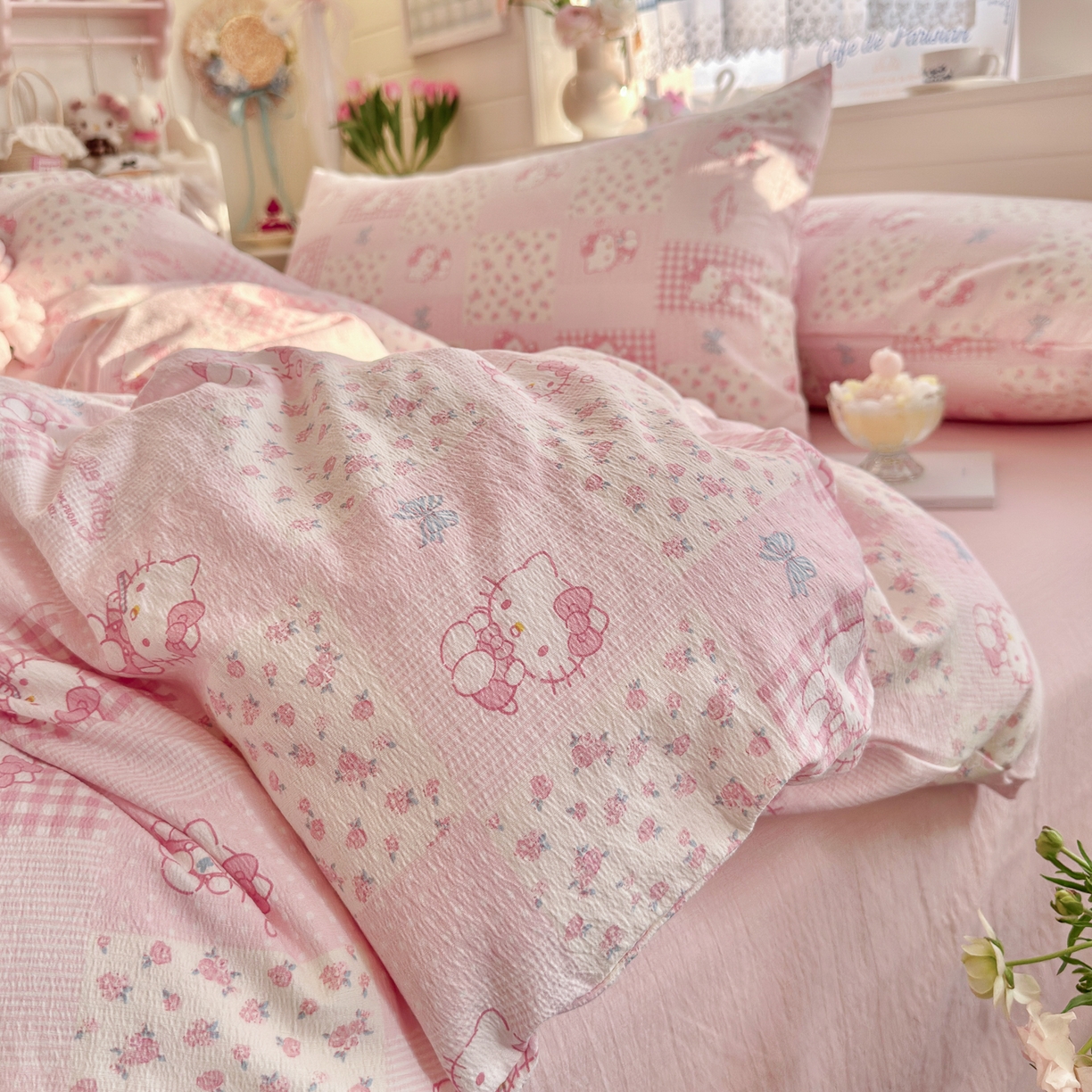 91家纺网 家纺一手货源 找家纺 初念 2026新款云感纱印花四件套 花间KT