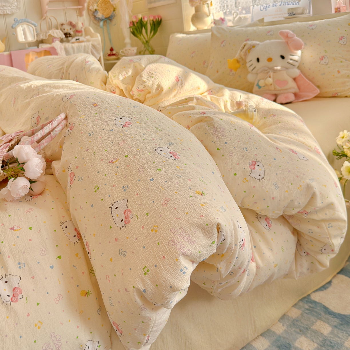 91家纺网 家纺一手货源 找家纺 初念 2026新款云感纱印花四件套 凯蒂星碎