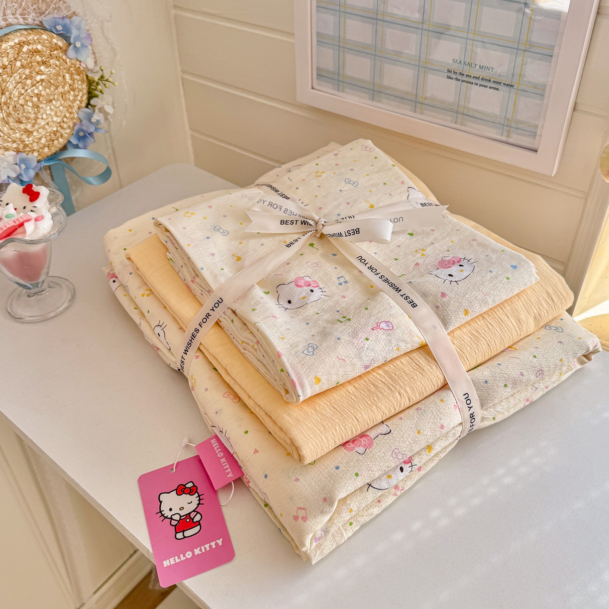 91家纺网 家纺一手货源 找家纺 初念 2026新款云感纱印花四件套 凯蒂星碎