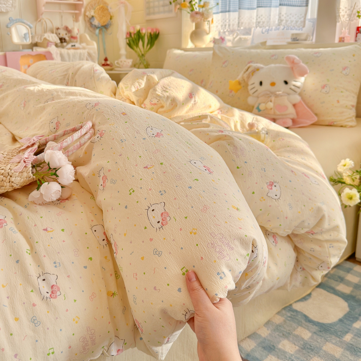 91家纺网 家纺一手货源 找家纺 初念 2026新款云感纱印花四件套 凯蒂星碎