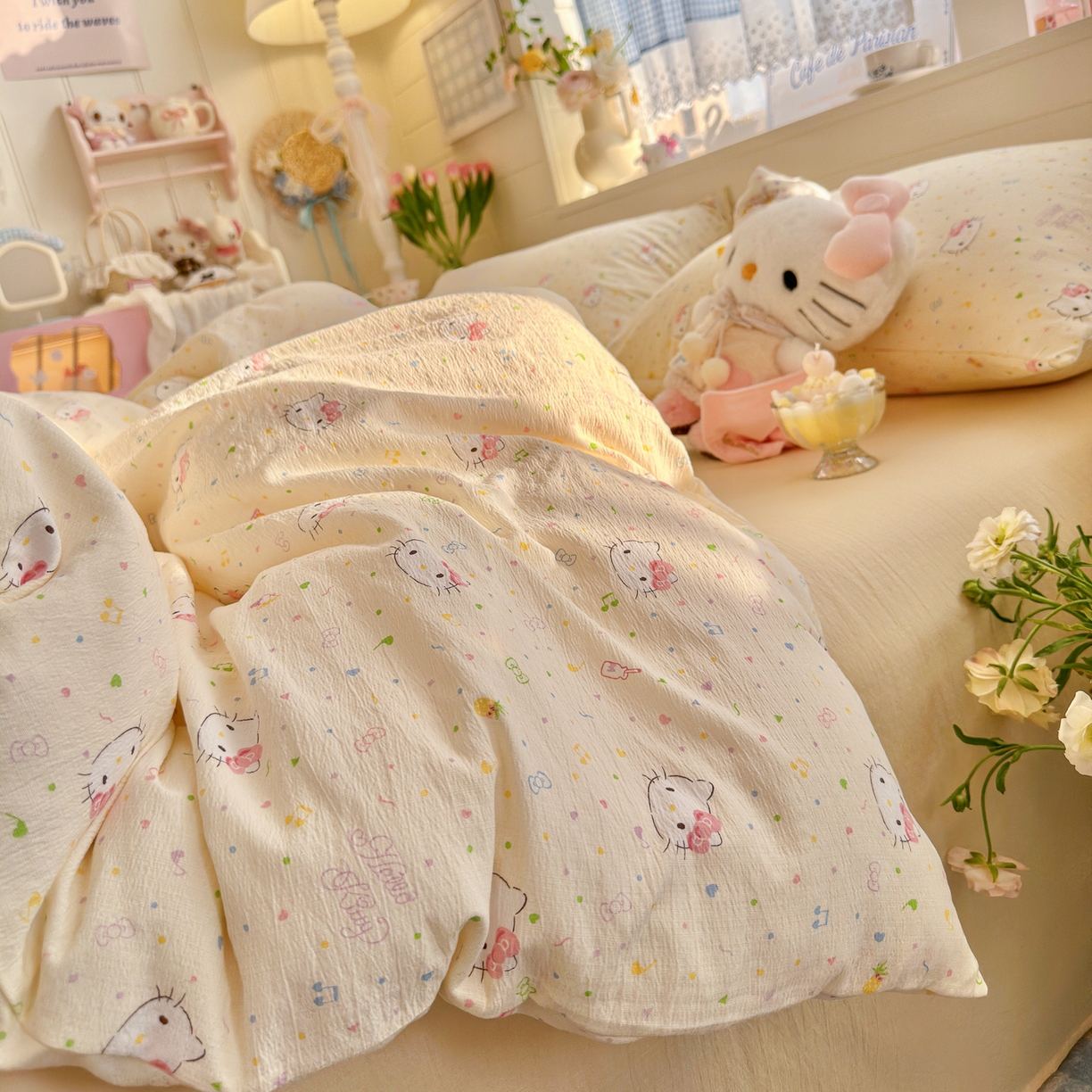 91家纺网 家纺一手货源 找家纺 初念 2026新款云感纱印花四件套 凯蒂星碎