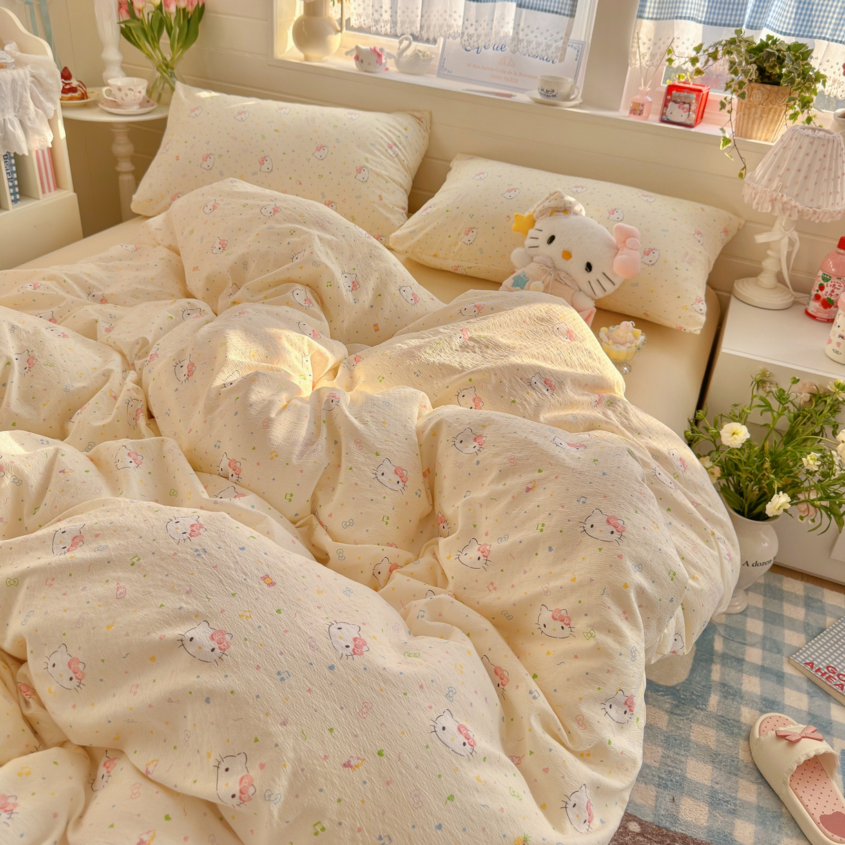 91家纺网 家纺一手货源 找家纺 初念 2026新款云感纱印花四件套 凯蒂星碎