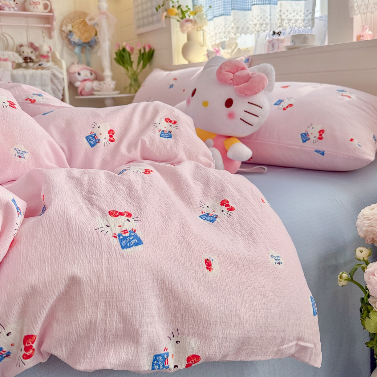 91家纺网 家纺一手货源 找家纺 初念 2026新款云感纱印花四件套 凯蒂养鱼