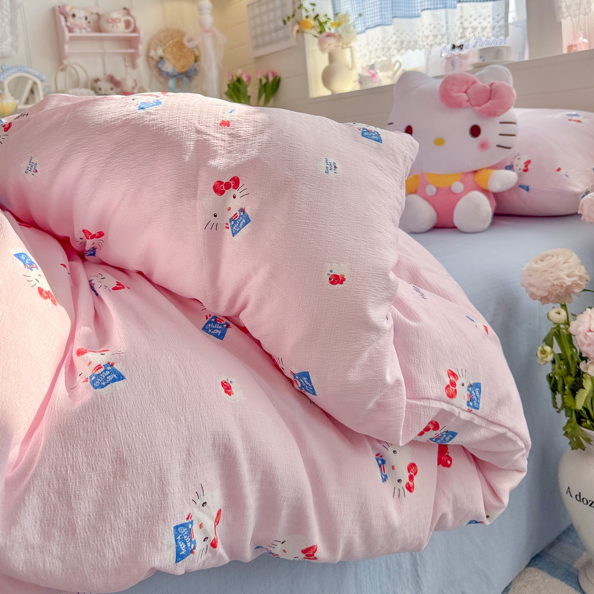 91家纺网 家纺一手货源 找家纺 初念 2026新款云感纱印花四件套 凯蒂养鱼