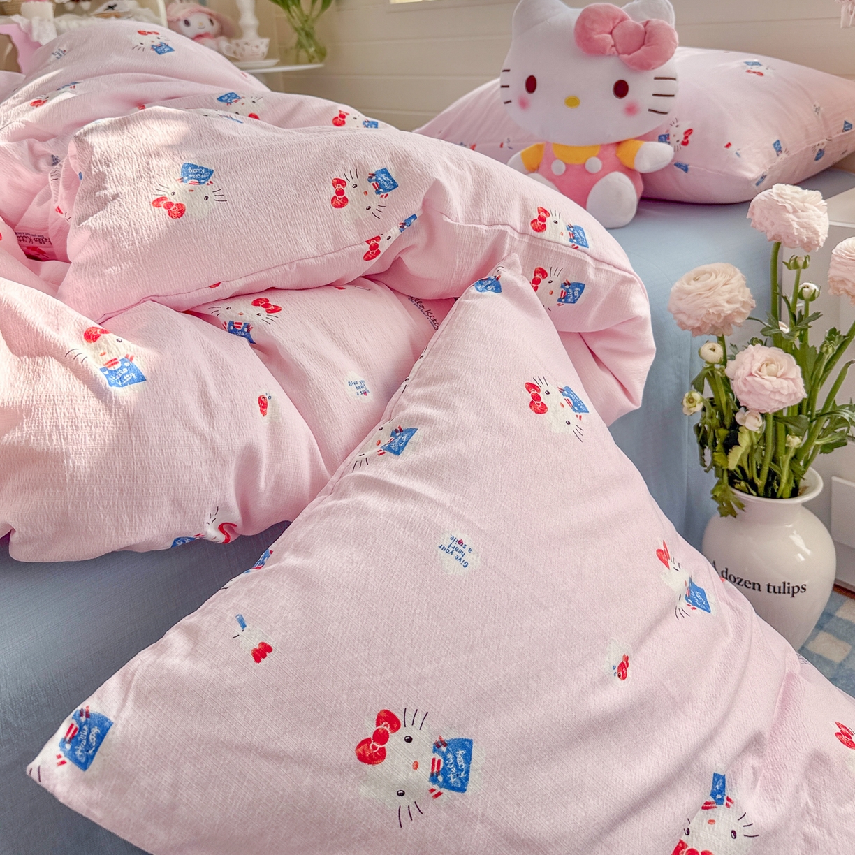 91家纺网 家纺一手货源 找家纺 初念 2026新款云感纱印花四件套 凯蒂养鱼