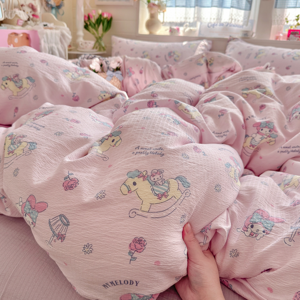 91家纺网 家纺一手货源 找家纺 初念 2026新款云感纱印花四件套 马卡龙乐蒂