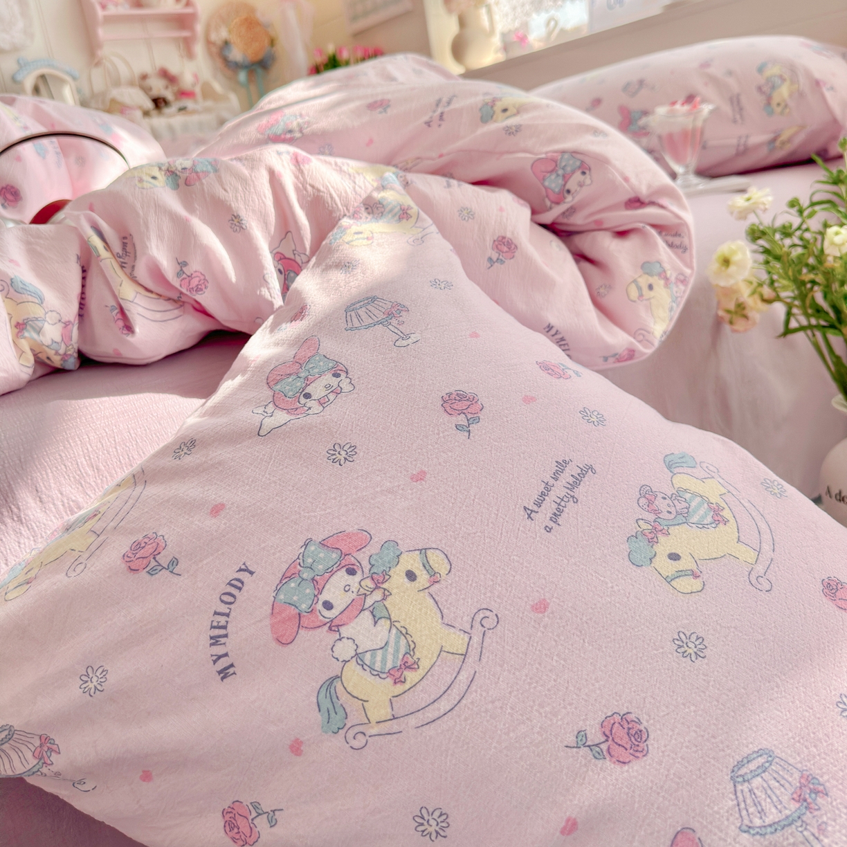 91家纺网 家纺一手货源 找家纺 初念 2026新款云感纱印花四件套 马卡龙乐蒂