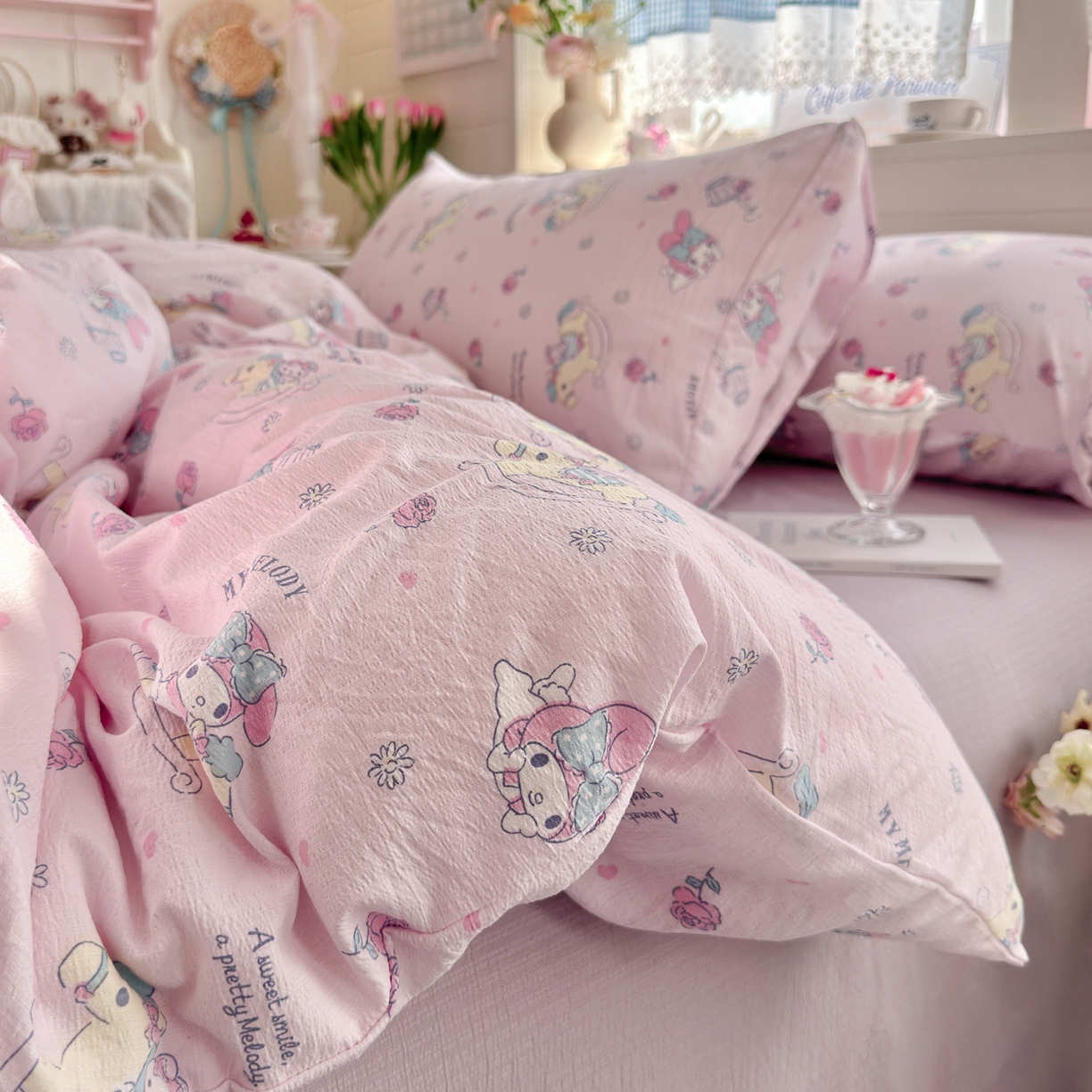 91家纺网 家纺一手货源 找家纺 初念 2026新款云感纱印花四件套 马卡龙乐蒂