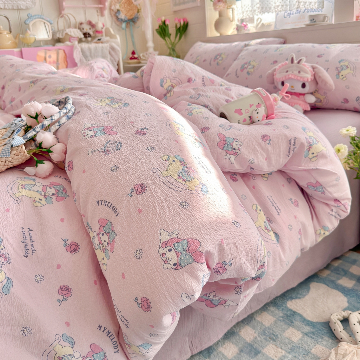 91家纺网 家纺一手货源 找家纺 初念 2026新款云感纱印花四件套 马卡龙乐蒂