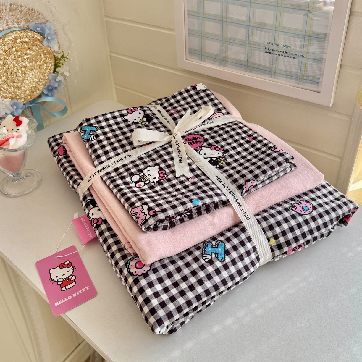 91家纺网 家纺一手货源 找家纺 初念 2026新款云感纱印花四件套 棋盘粉KT