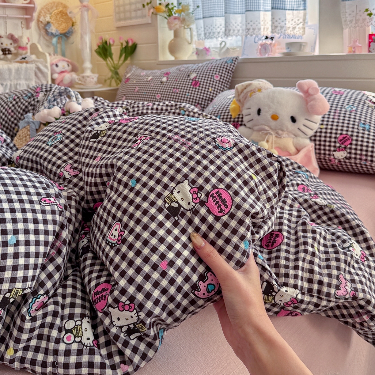 初念 2026新款云感纱印花四件套 棋盘粉KT