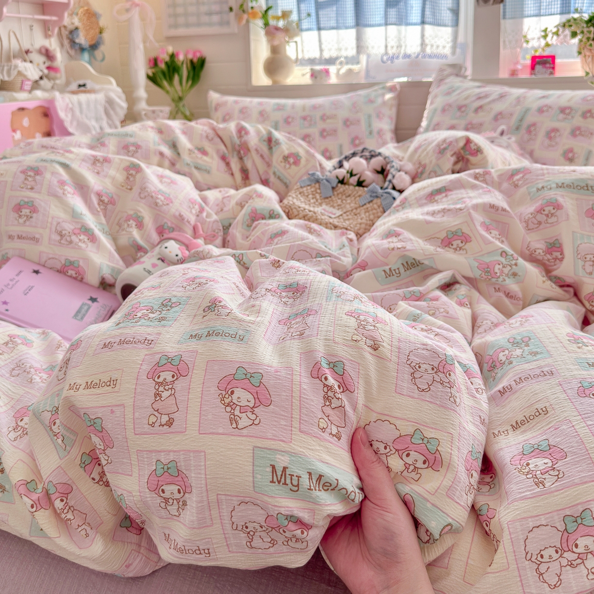 91家纺网 家纺一手货源 找家纺 初念 2026新款云感纱印花四件套 软萌方块乐蒂