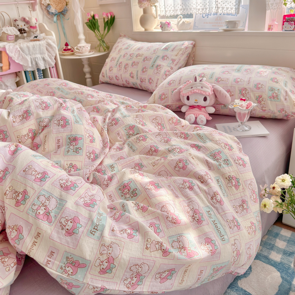 91家纺网 家纺一手货源 找家纺 初念 2026新款云感纱印花四件套 软萌方块乐蒂