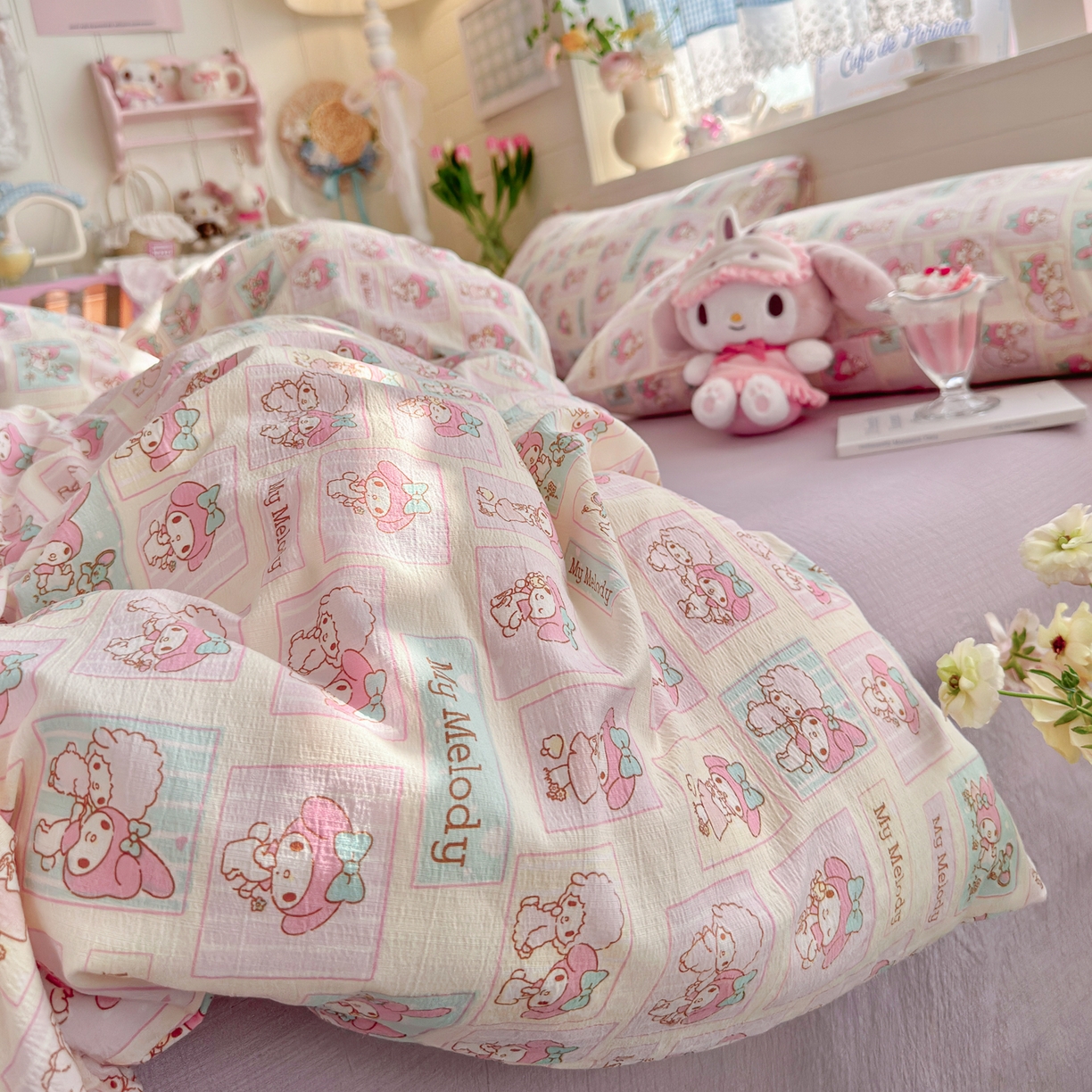 91家纺网 家纺一手货源 找家纺 初念 2026新款云感纱印花四件套 软萌方块乐蒂