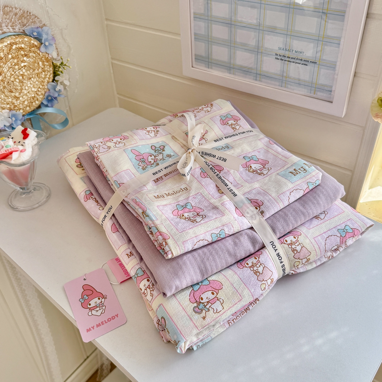 91家纺网 家纺一手货源 找家纺 初念 2026新款云感纱印花四件套 软萌方块乐蒂