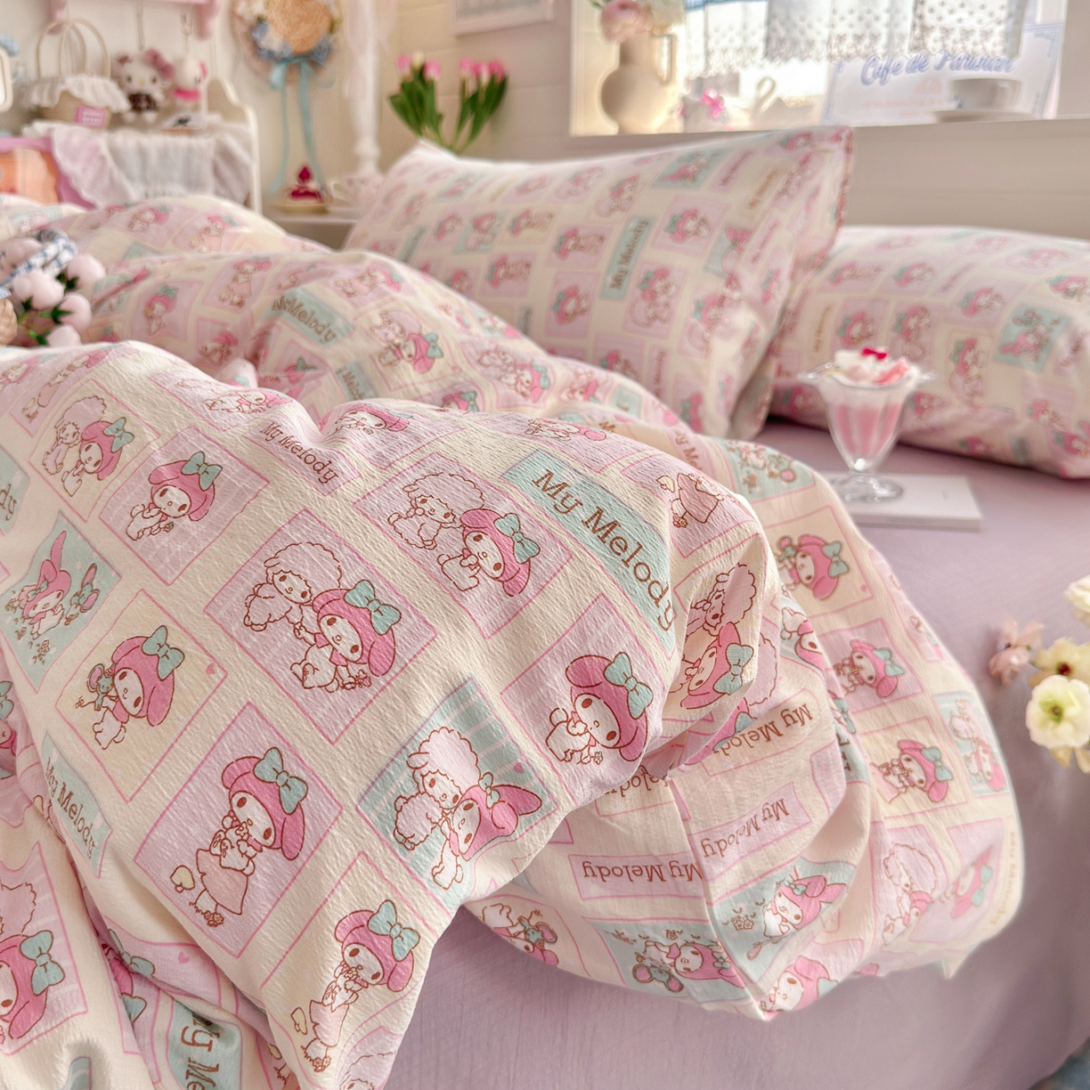 91家纺网 家纺一手货源 找家纺 初念 2026新款云感纱印花四件套 软萌方块乐蒂