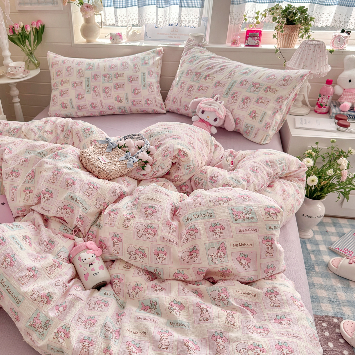 91家纺网 家纺一手货源 找家纺 初念 2026新款云感纱印花四件套 软萌方块乐蒂