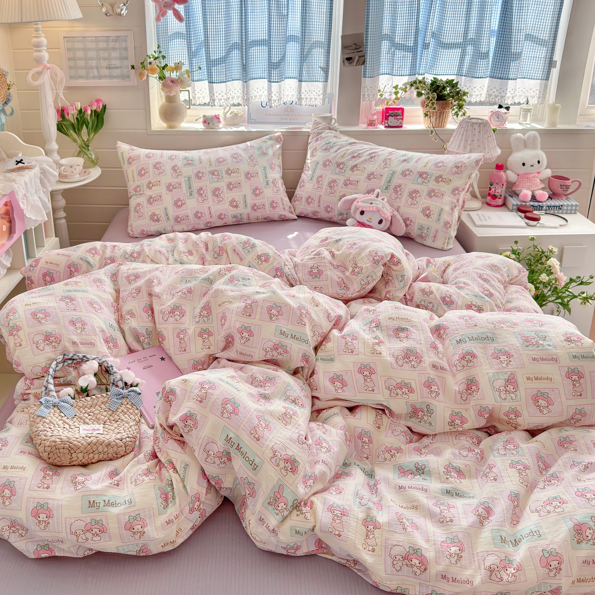 91家纺网 家纺一手货源 找家纺 初念 2026新款云感纱印花四件套 软萌方块乐蒂