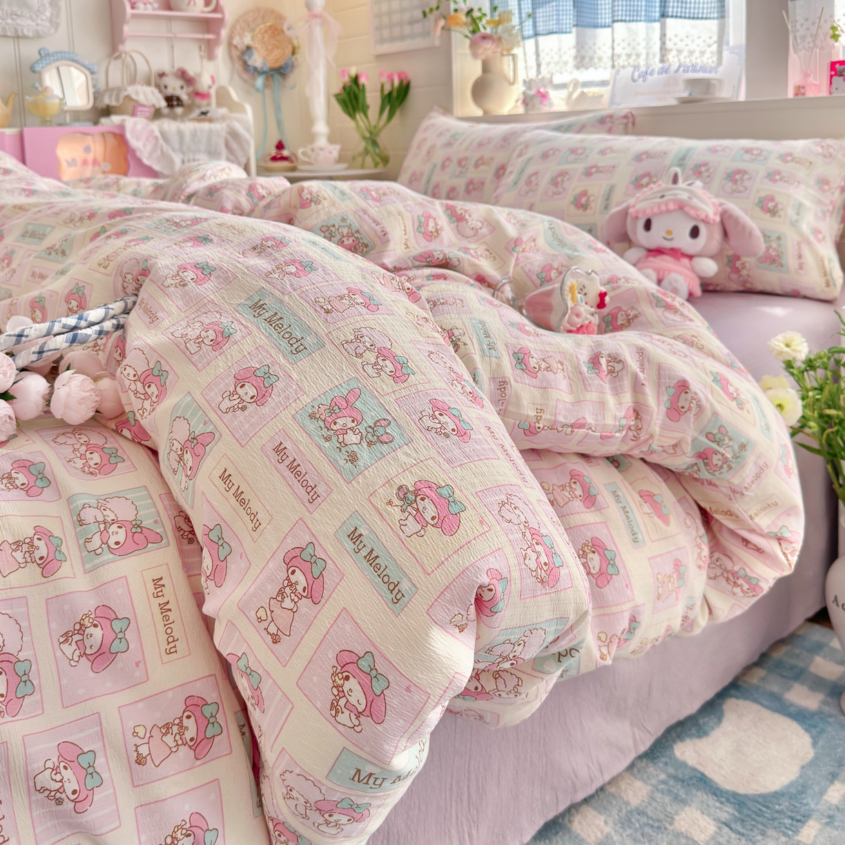 91家纺网 家纺一手货源 找家纺 初念 2026新款云感纱印花四件套 软萌方块乐蒂