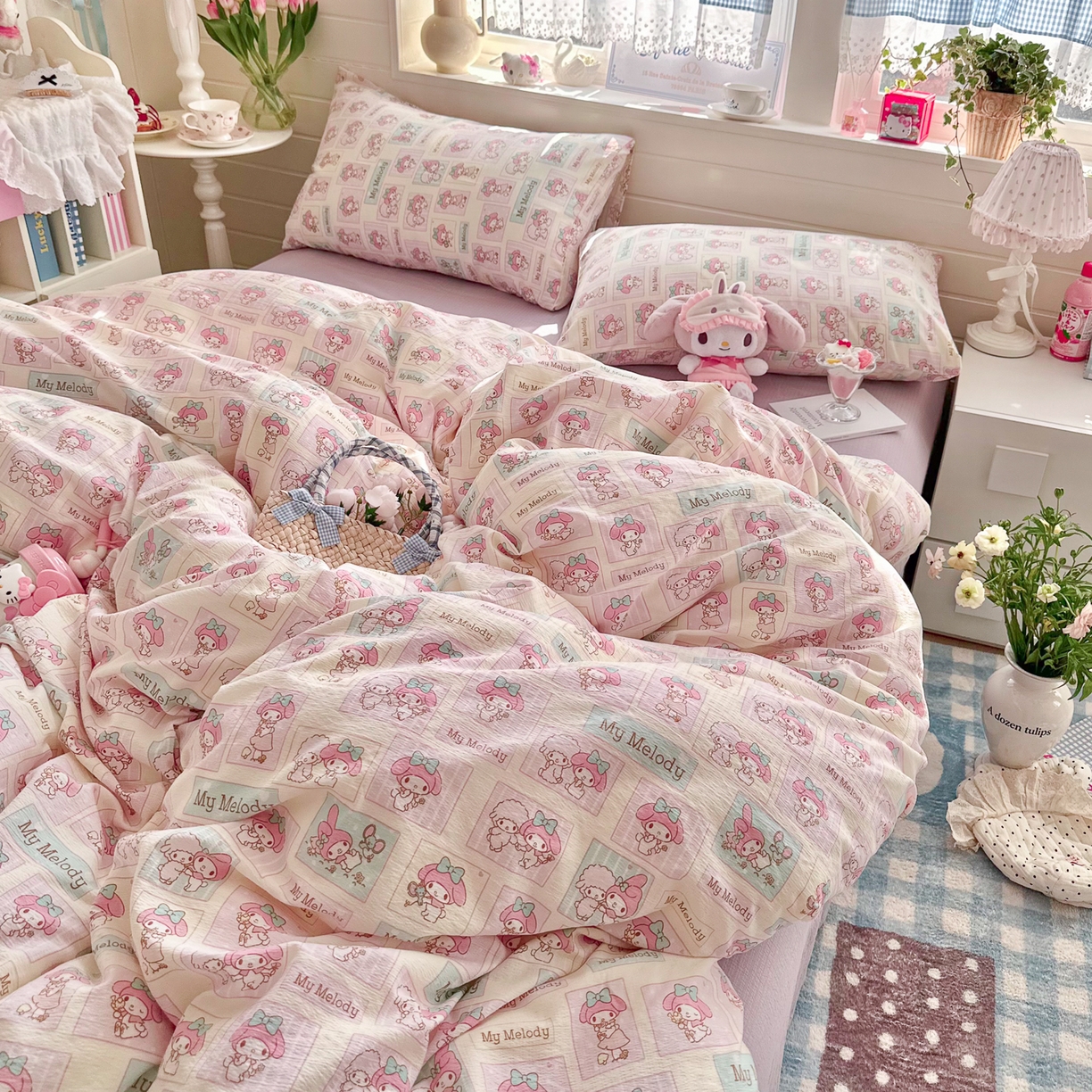 91家纺网 家纺一手货源 找家纺 初念 2026新款云感纱印花四件套 软萌方块乐蒂