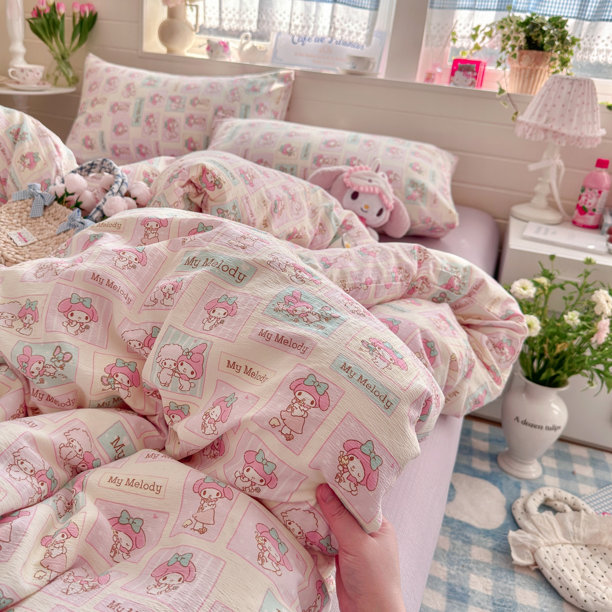 91家纺网 家纺一手货源 找家纺 初念 2026新款云感纱印花四件套 软萌方块乐蒂