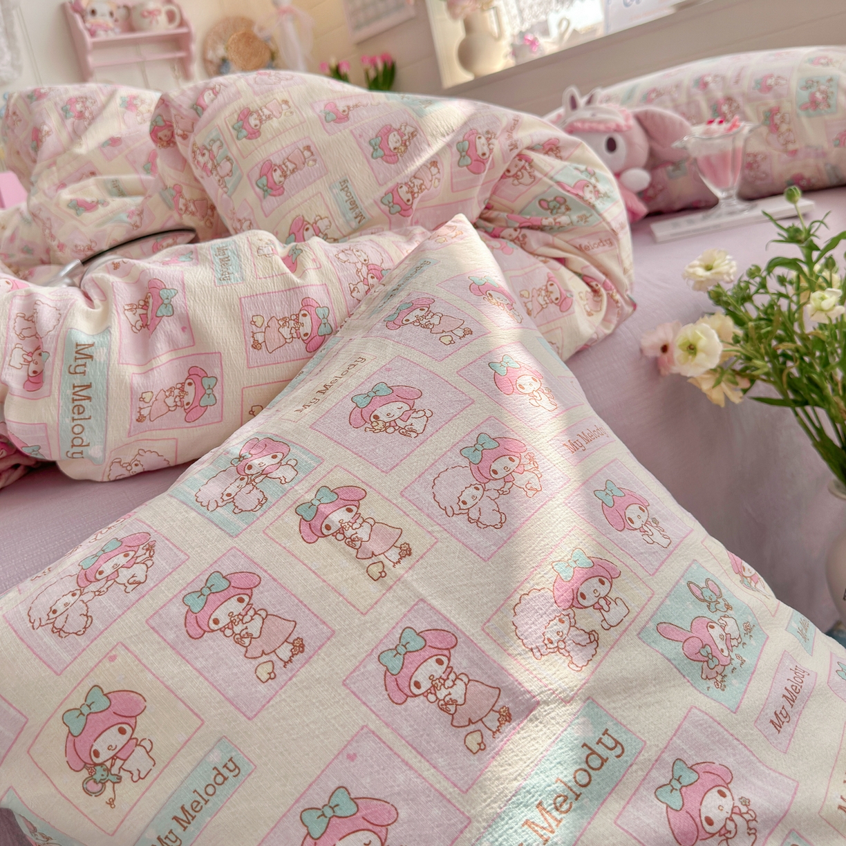 91家纺网 家纺一手货源 找家纺 初念 2026新款云感纱印花四件套 软萌方块乐蒂