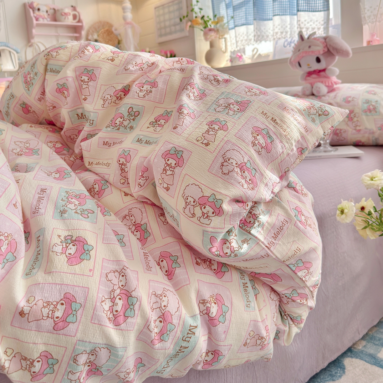 91家纺网 家纺一手货源 找家纺 初念 2026新款云感纱印花四件套 软萌方块乐蒂