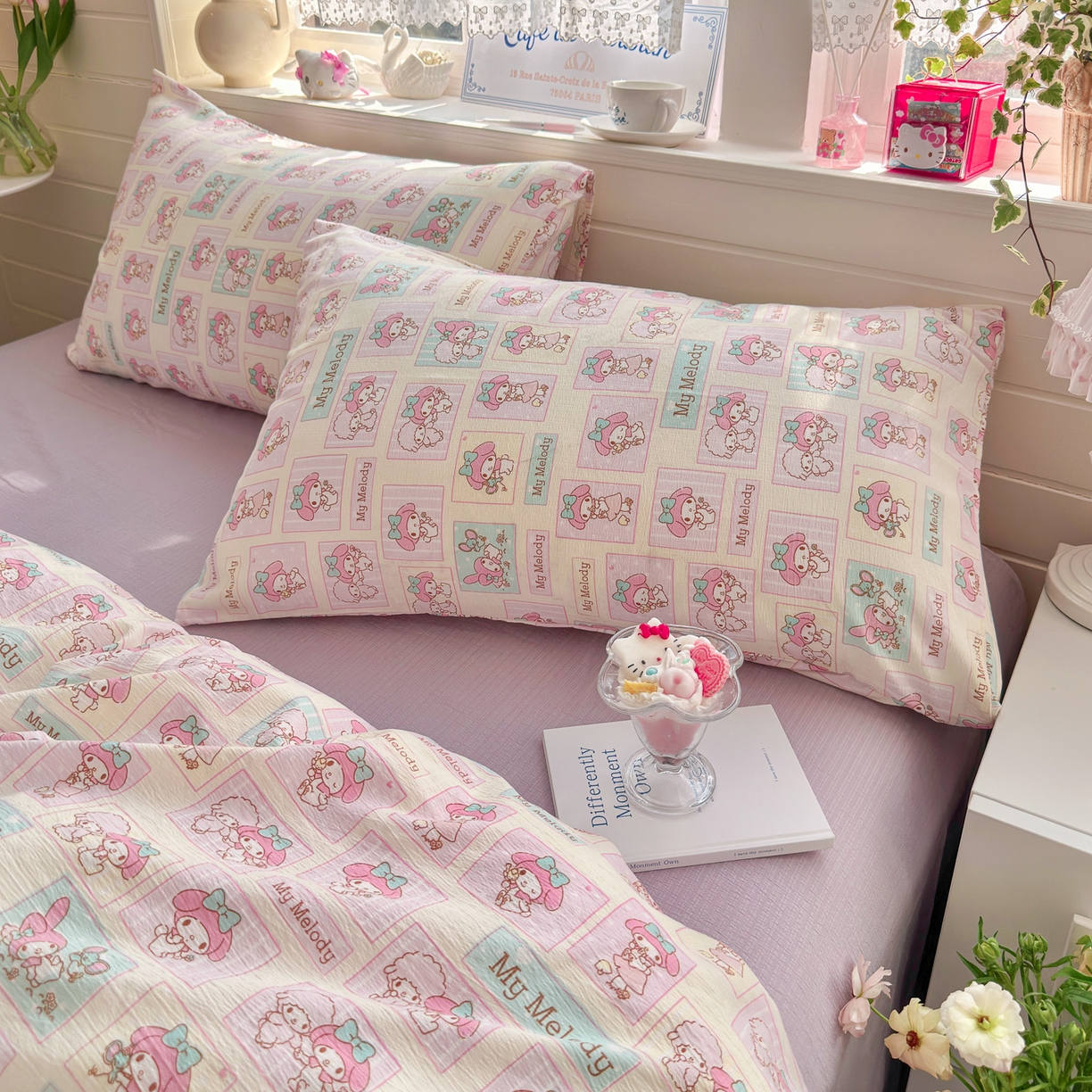 91家纺网 家纺一手货源 找家纺 初念 2026新款云感纱印花四件套 软萌方块乐蒂