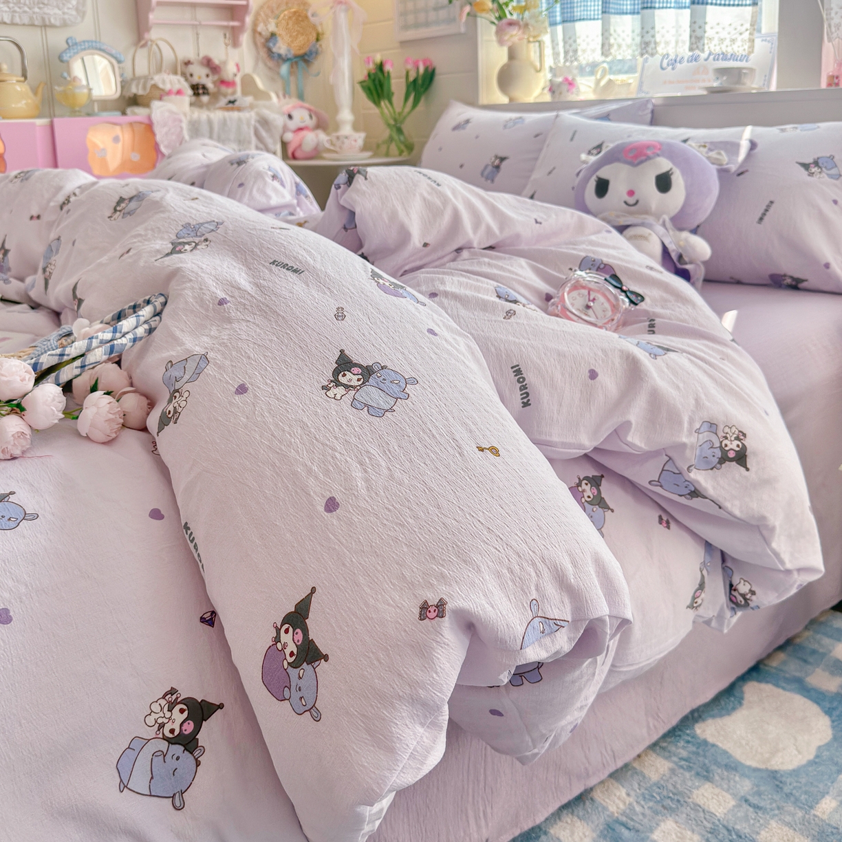 91家纺网 家纺一手货源 找家纺 初念 2026新款云感纱印花四件套 小怪库洛米