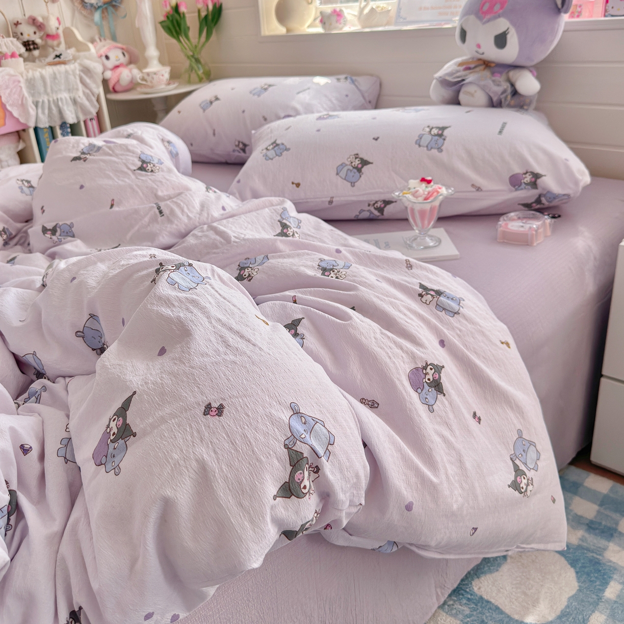 91家纺网 家纺一手货源 找家纺 初念 2026新款云感纱印花四件套 小怪库洛米