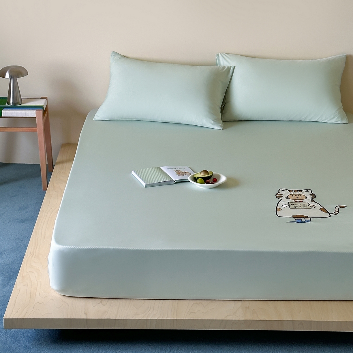 91家纺网 家纺一手货源 找家纺 RYB红黄兰 2026新款设计师原创A类锦氨贴布绣超凉感床笠三件套床笠单件 冰雾绿