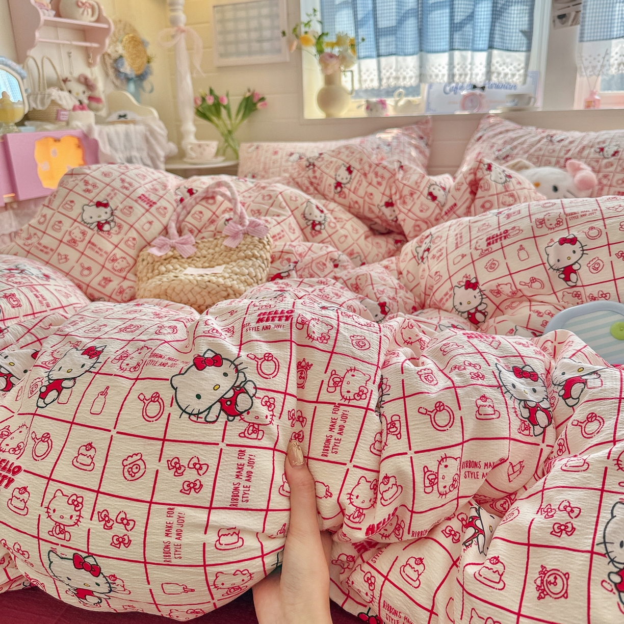 91家纺网 家纺一手货源 找家纺 初念 2026新款云感纱印花四件套 幸运符号红