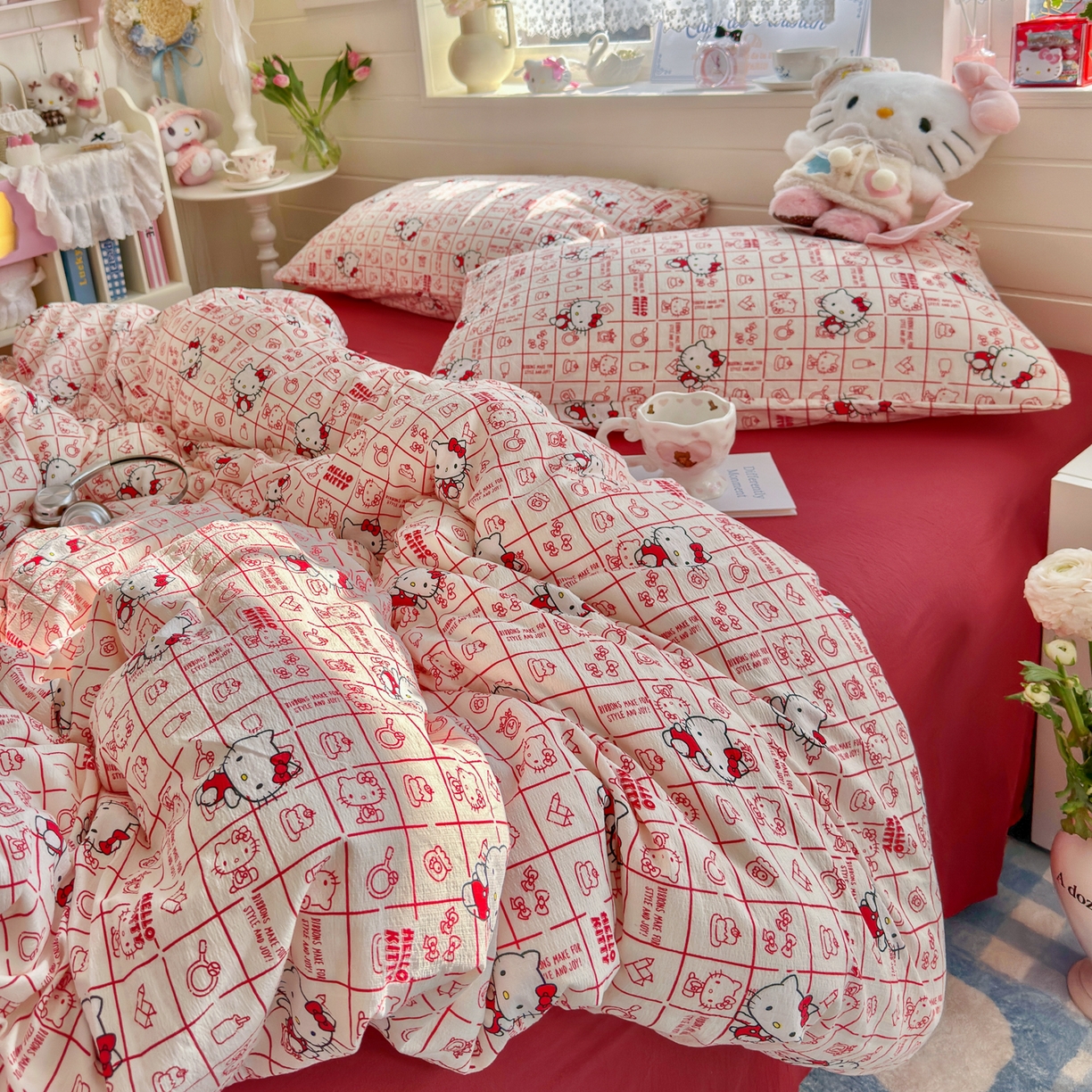 91家纺网 家纺一手货源 找家纺 初念 2026新款云感纱印花四件套 幸运符号红