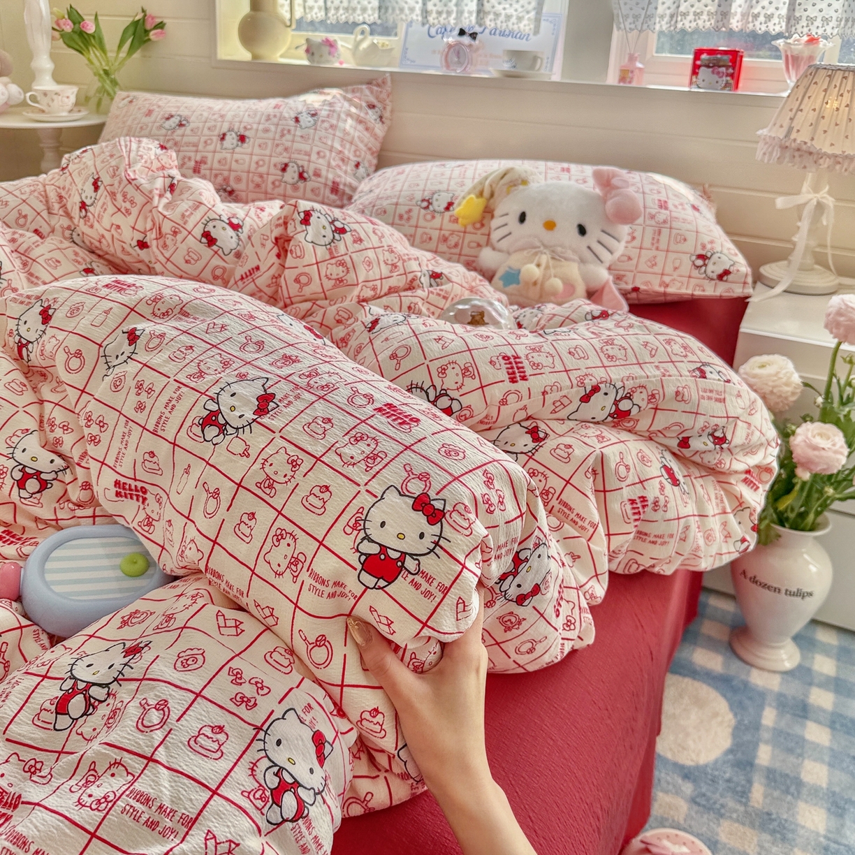 91家纺网 家纺一手货源 找家纺 初念 2026新款云感纱印花四件套 幸运符号红