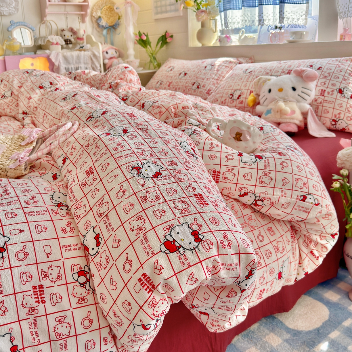 91家纺网 家纺一手货源 找家纺 初念 2026新款云感纱印花四件套 幸运符号红